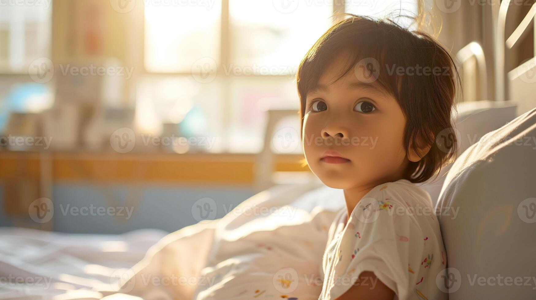 ai généré enfant dans hôpital lit, santé concept et médical se soucier photo