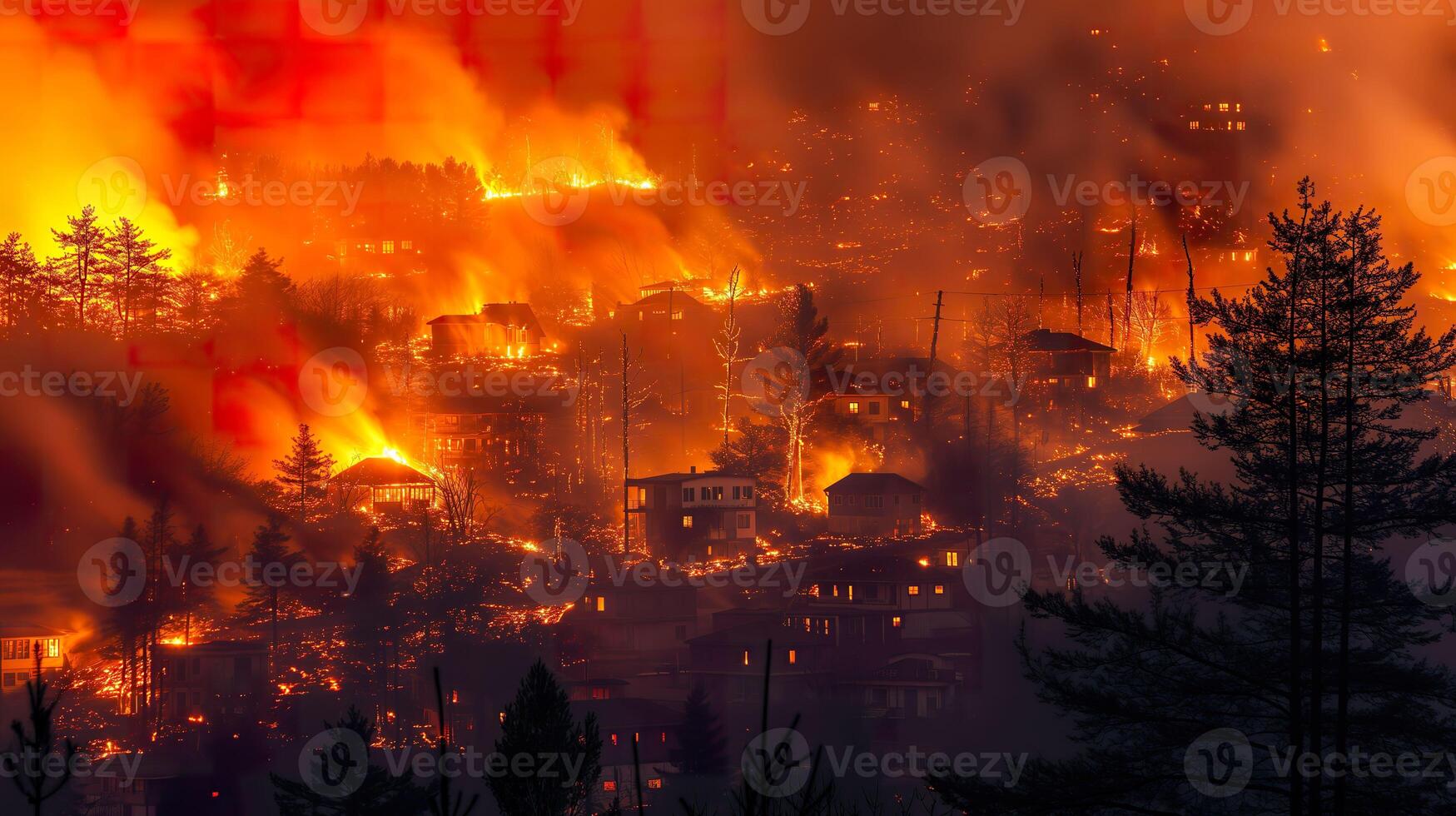 ai généré climat changement crise, incendies engloutit ville dans dévastateur flammes photo