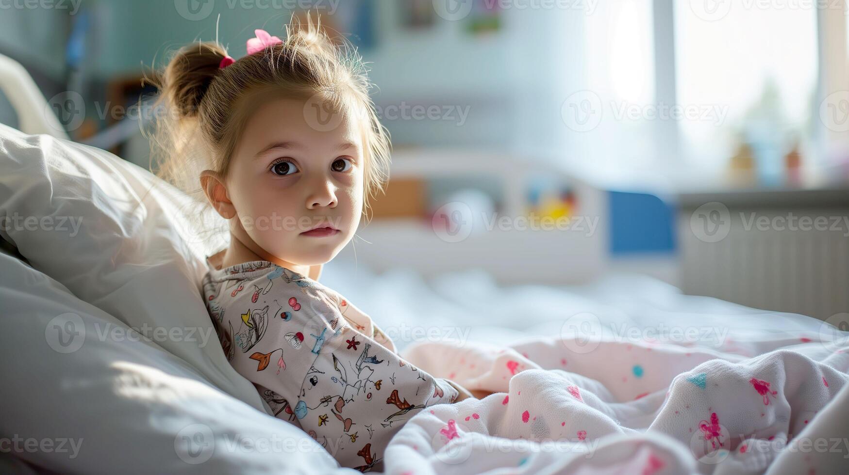 ai généré enfant dans hôpital lit, santé concept et médical se soucier photo