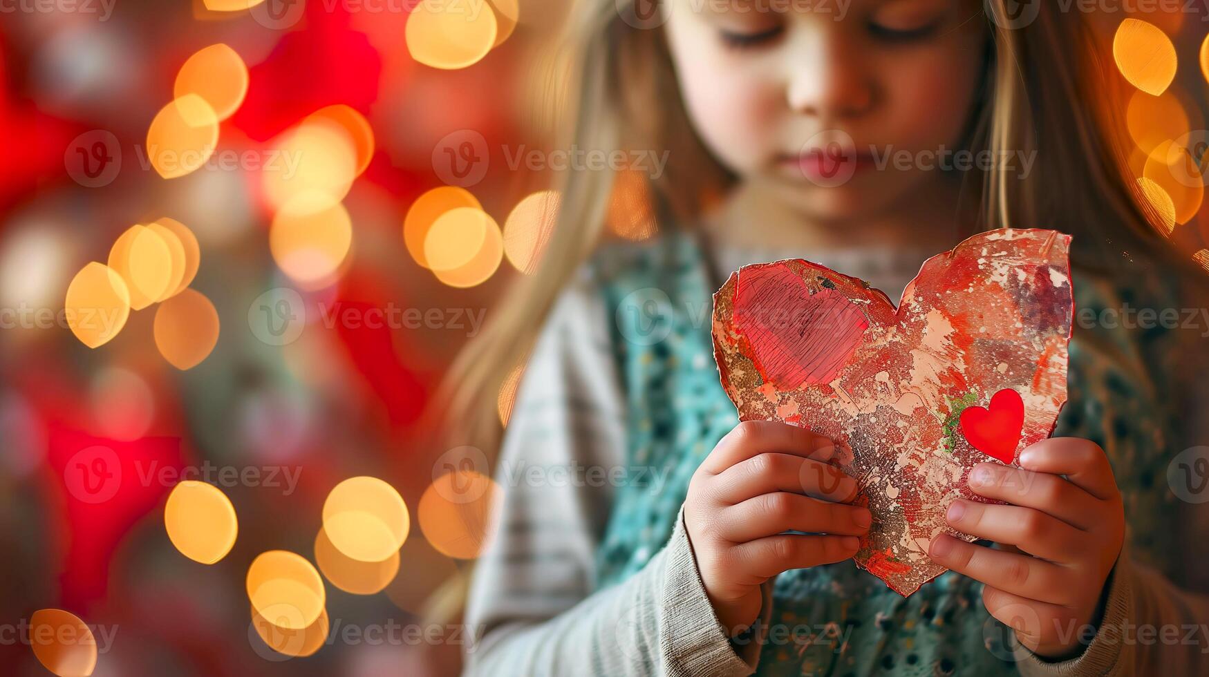 ai généré réconfortant la Saint-Valentin carte ouvré par enfant mains photo