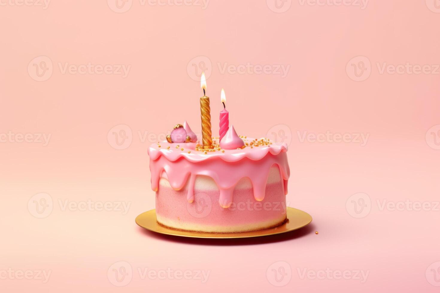 ai généré anniversaire gâteau avec or bougie et rose Glaçage photo