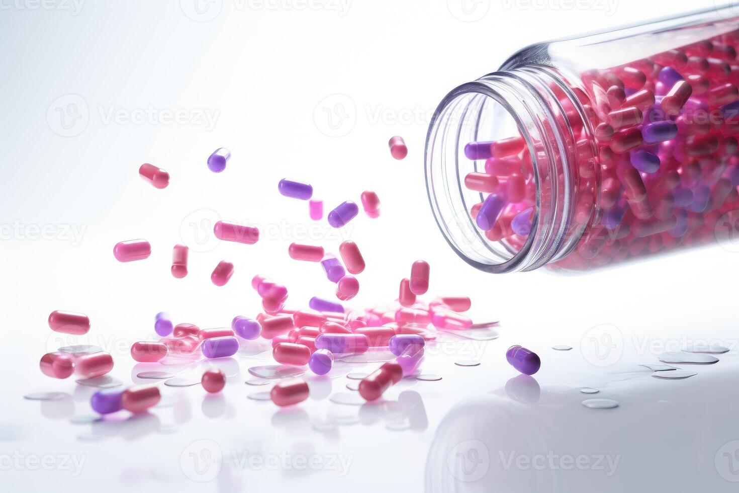 ai généré pilules débordement de bouteille sur blanc Contexte. photo