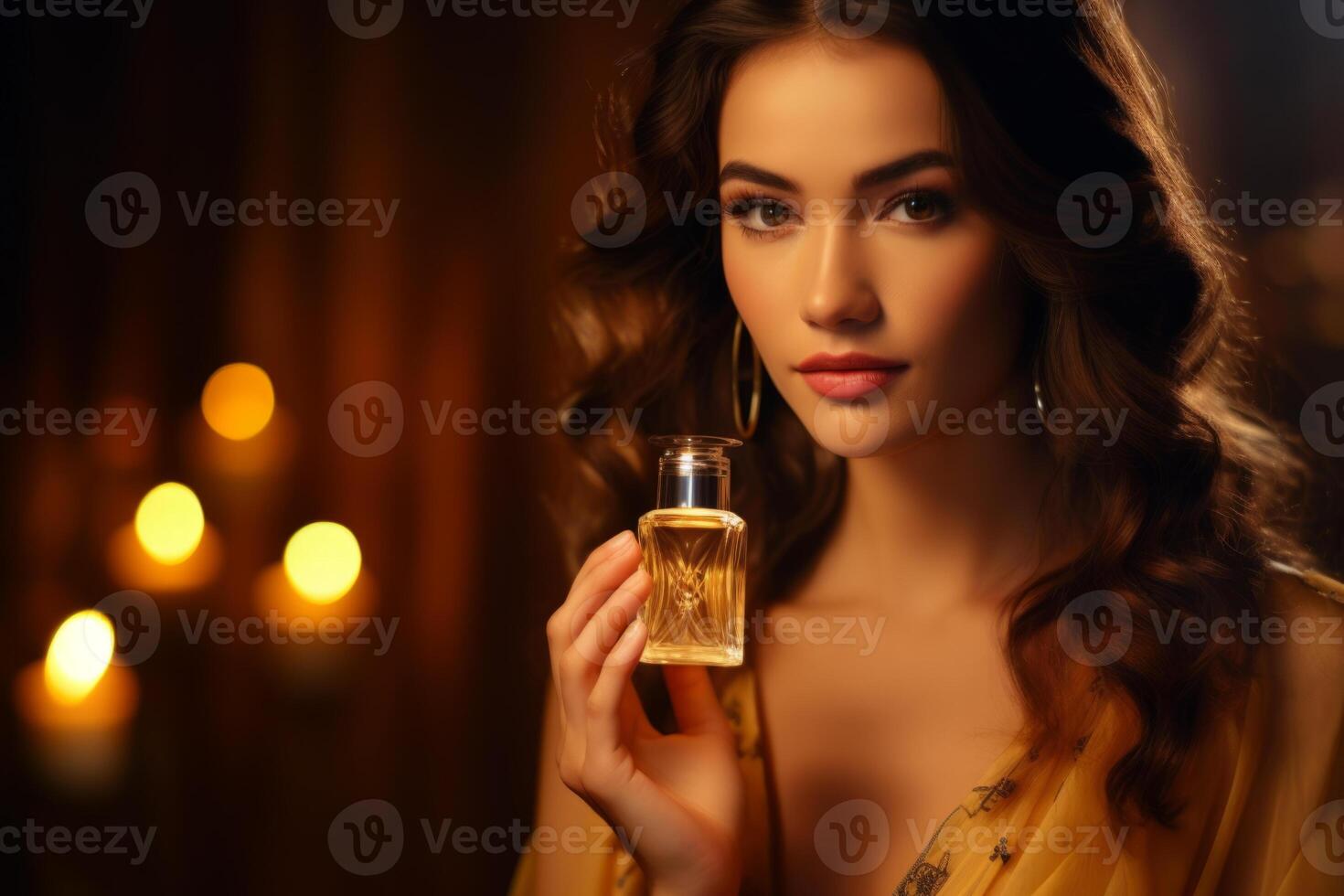 ai généré femme mettant en valeur et en utilisant parfum. photo