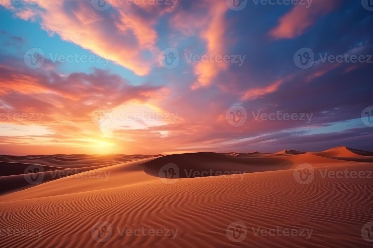 ai généré global chauffage concept. solitaire le sable dunes en dessous de spectaculaire soir le coucher du soleil ciel à sécheresse désert paysage photo