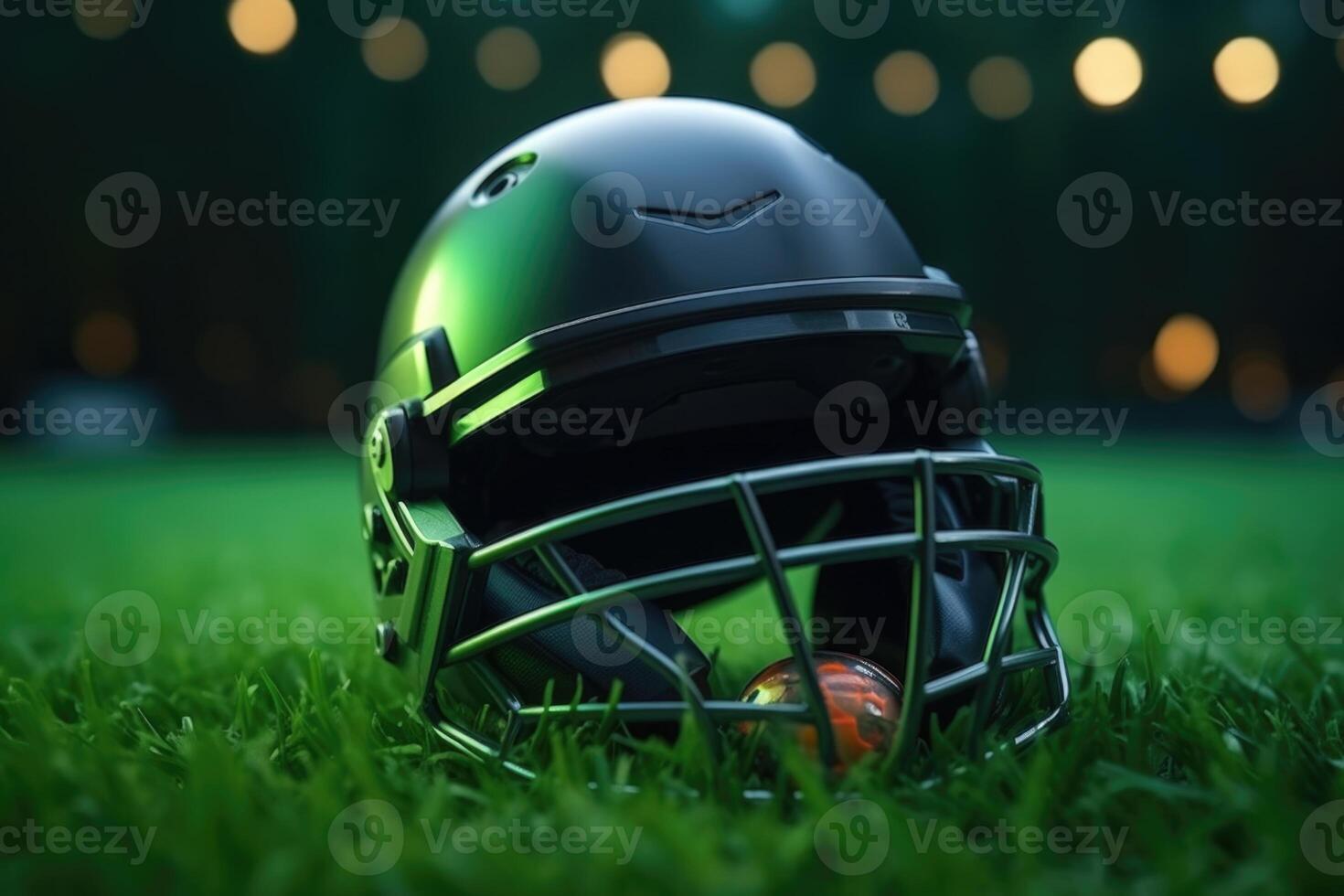 ai généré criquet Ventilateurs casque sur vert herbe avec concentré lumières. photo