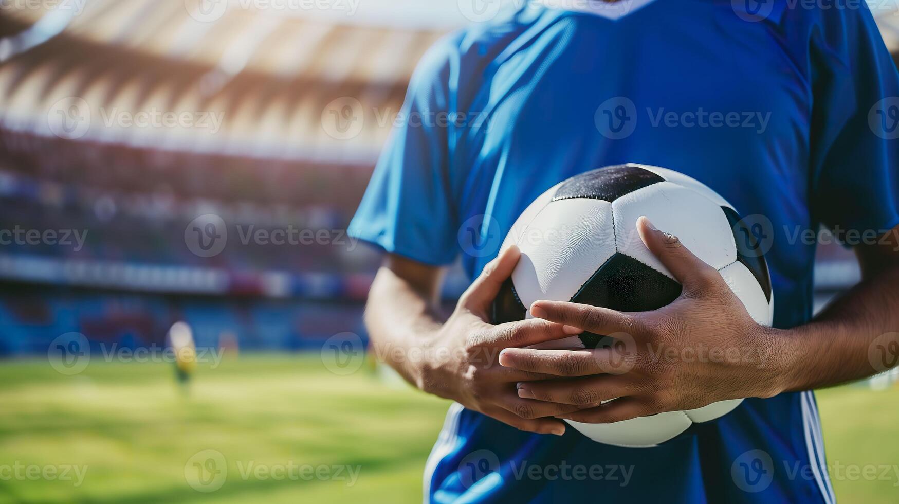 ai généré football athlète dans action, professionnel Football joueur sur stade champ photo