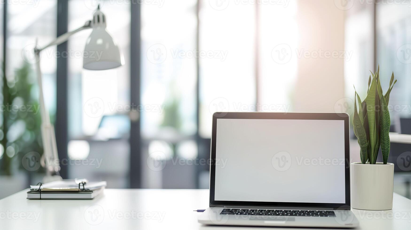 ai généré moderne médecin bureau, vide espace de travail avec ordinateur portable, lampe, et élégant décor photo