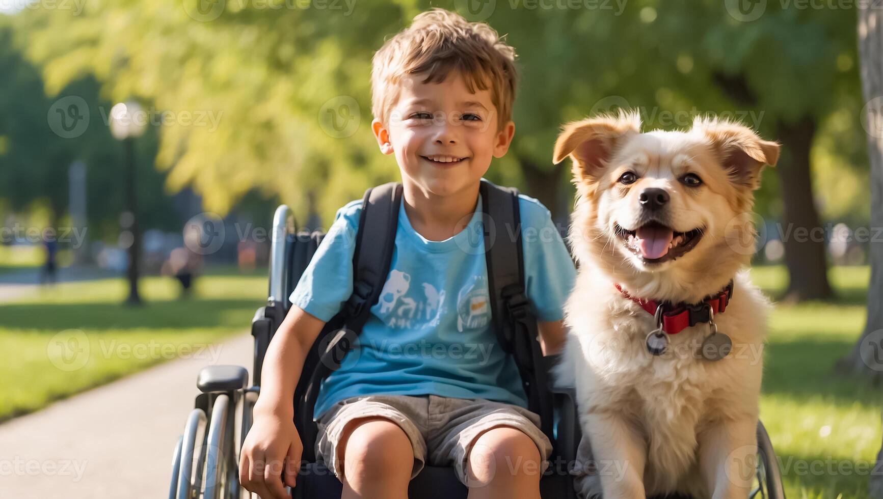 ai généré peu garçon dans une fauteuil roulant sur le rue avec une chien photo