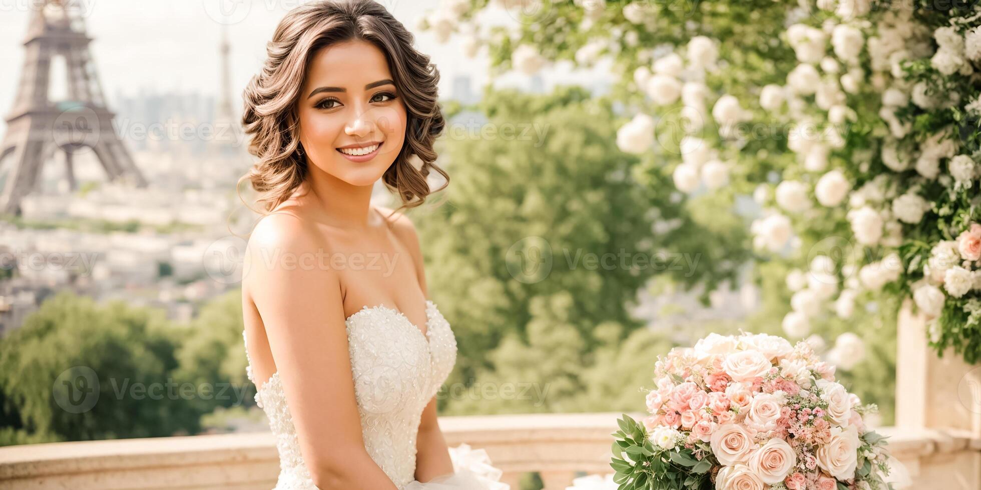 ai généré magnifique la mariée dans une blanc robe contre le toile de fond de le Eiffel la tour photo