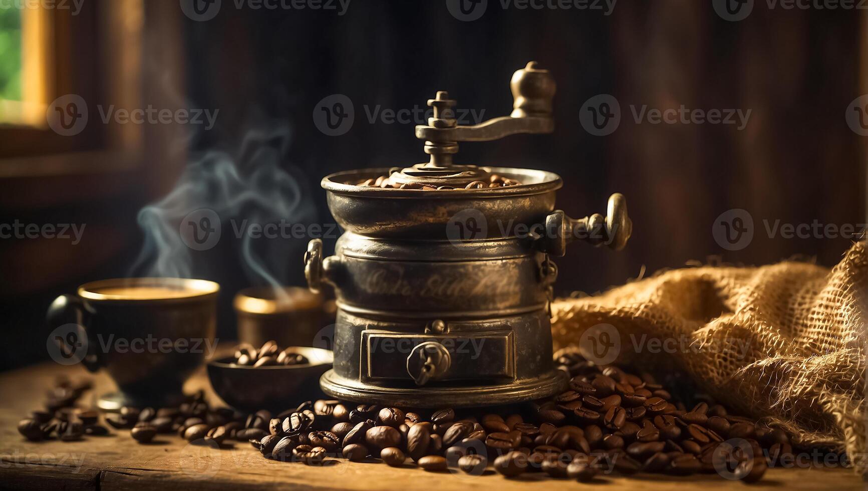 ai généré tasse de café, céréales ancien Contexte photo