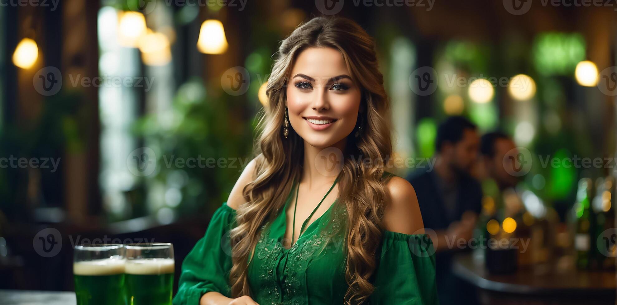 ai généré magnifique fille avec une verre de vert Bière dans une bar photo