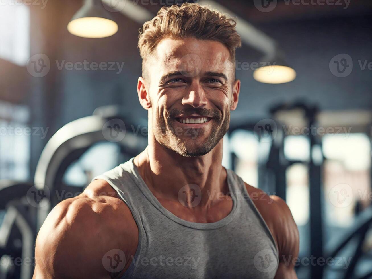 ai généré Beau brutal homme dans le Gym photo