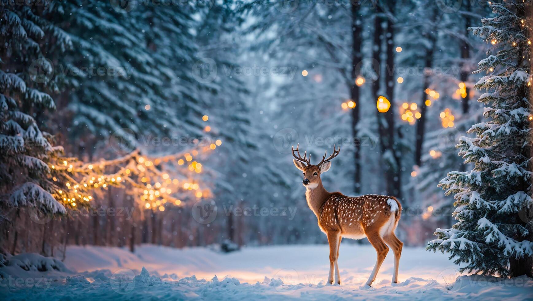 ai généré mignonne cerf dans le hiver forêt photo