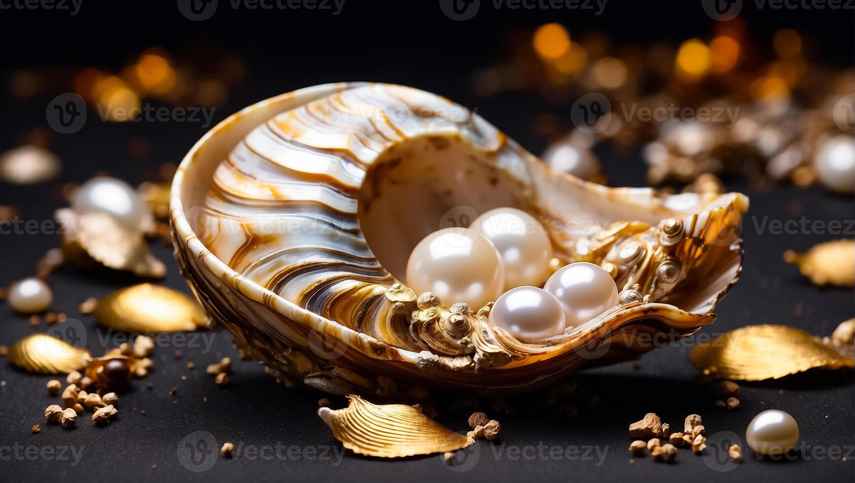 ai généré magnifique coquille avec perles sur une foncé Contexte photo