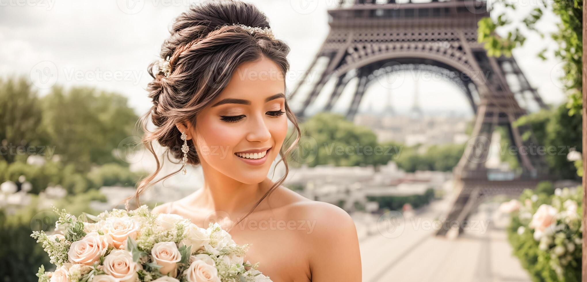 ai généré magnifique la mariée dans une blanc robe contre le toile de fond de le Eiffel la tour photo