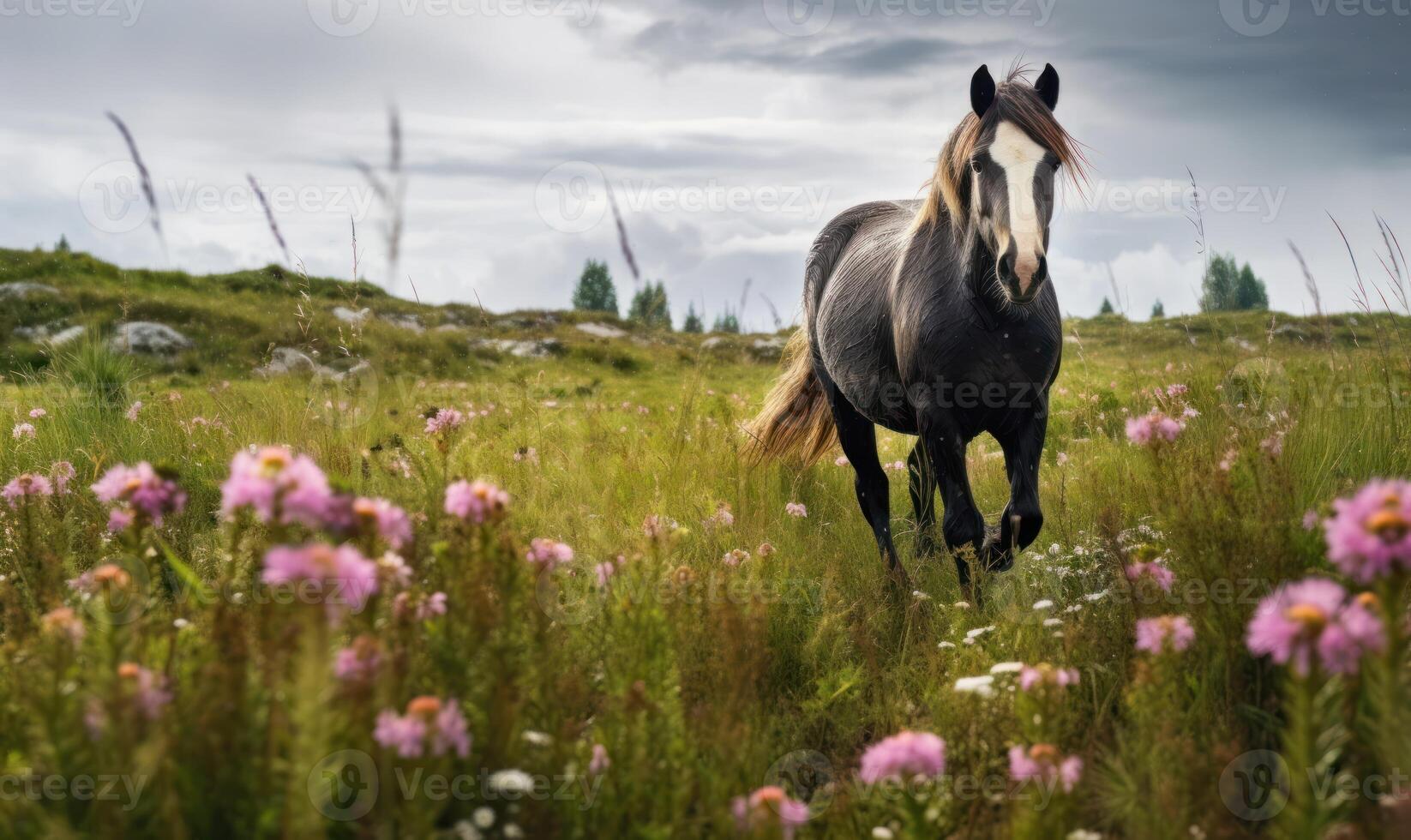 ai généré cheval dans le Prairie avec rose fleurs sur une nuageux journée photo