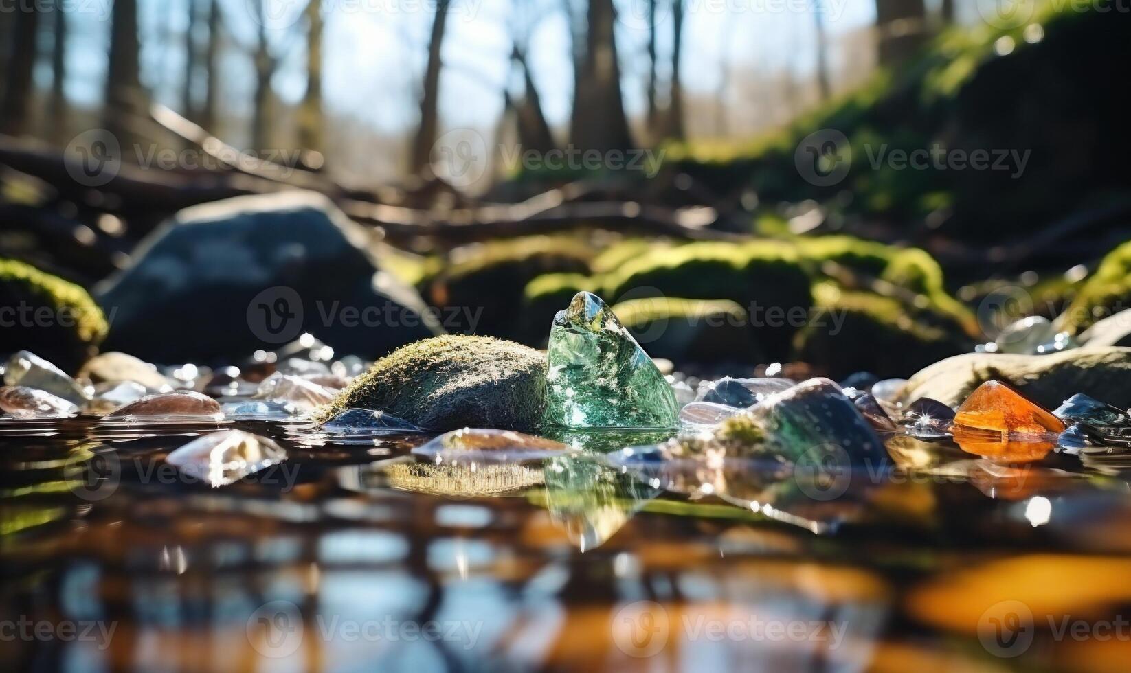 ai généré congelé l'eau dans le forêt avec la glace cubes et cailloux. de bonne heure printemps paysage photo