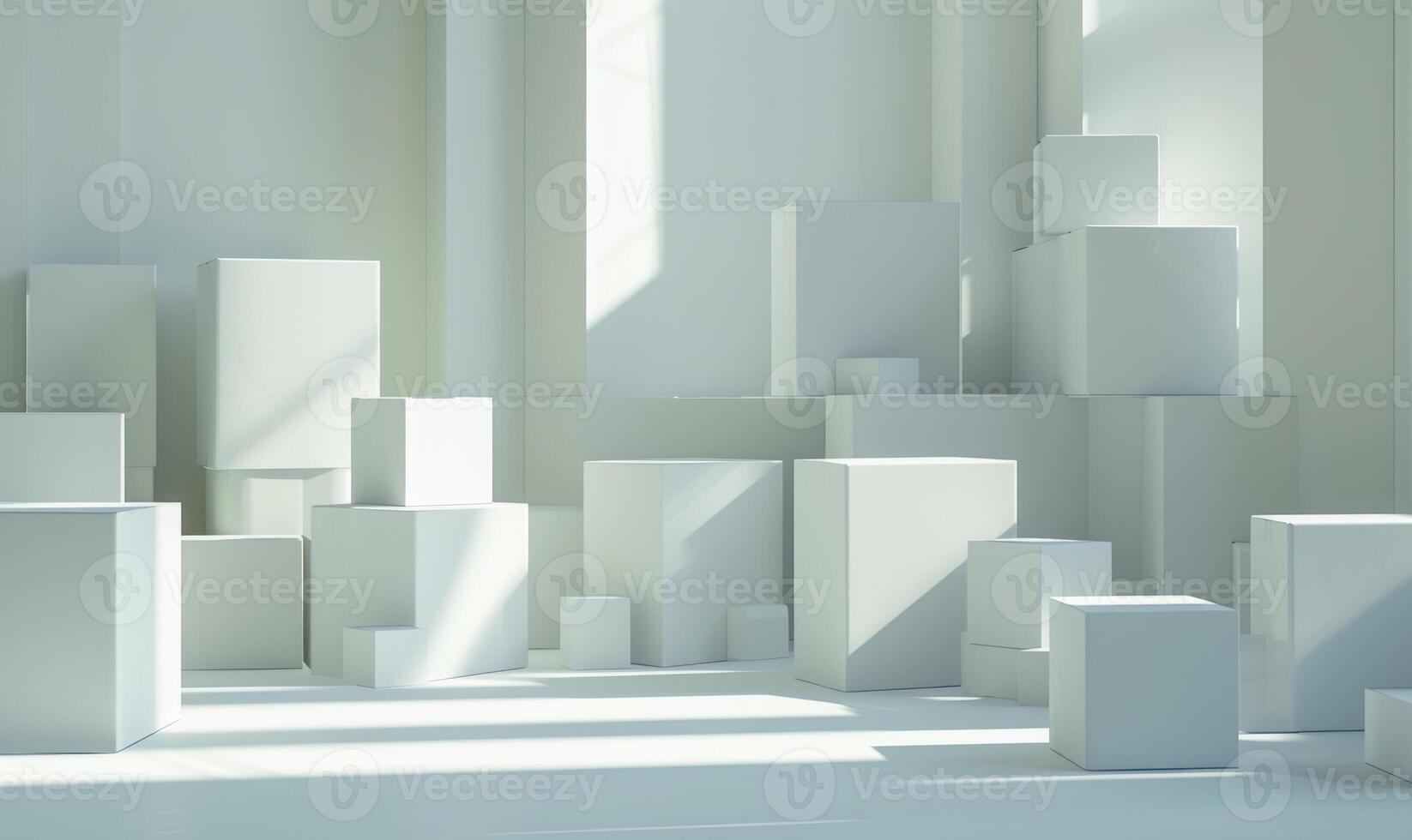 ai généré empiler de papier carton des boites dans blanc pièce avec lumière du soleil. espace pour texte. boîte maquette sur blanc photo