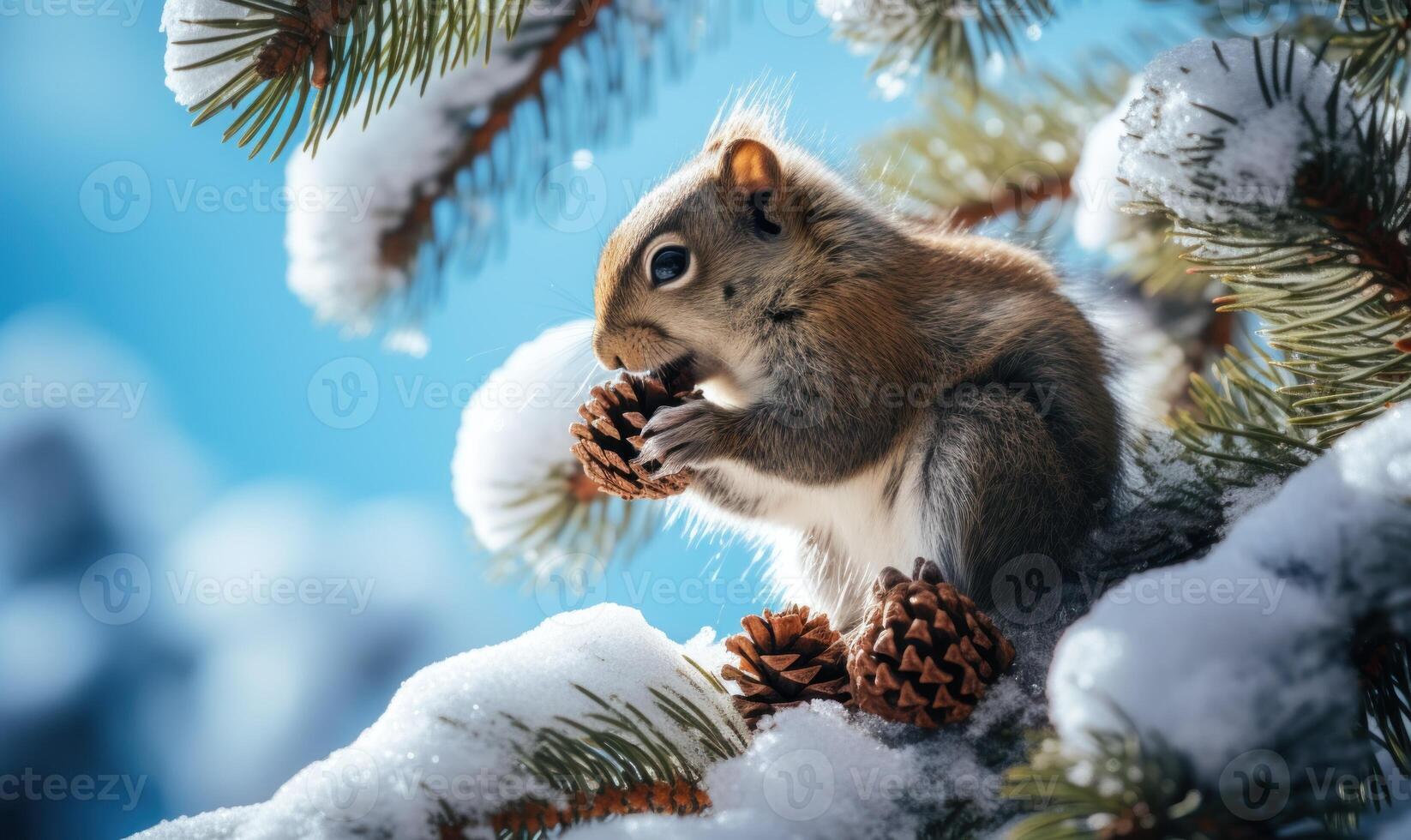 ai généré écureuil en mangeant une pin cône sur une neigeux branche avec ses duveteux queue photo