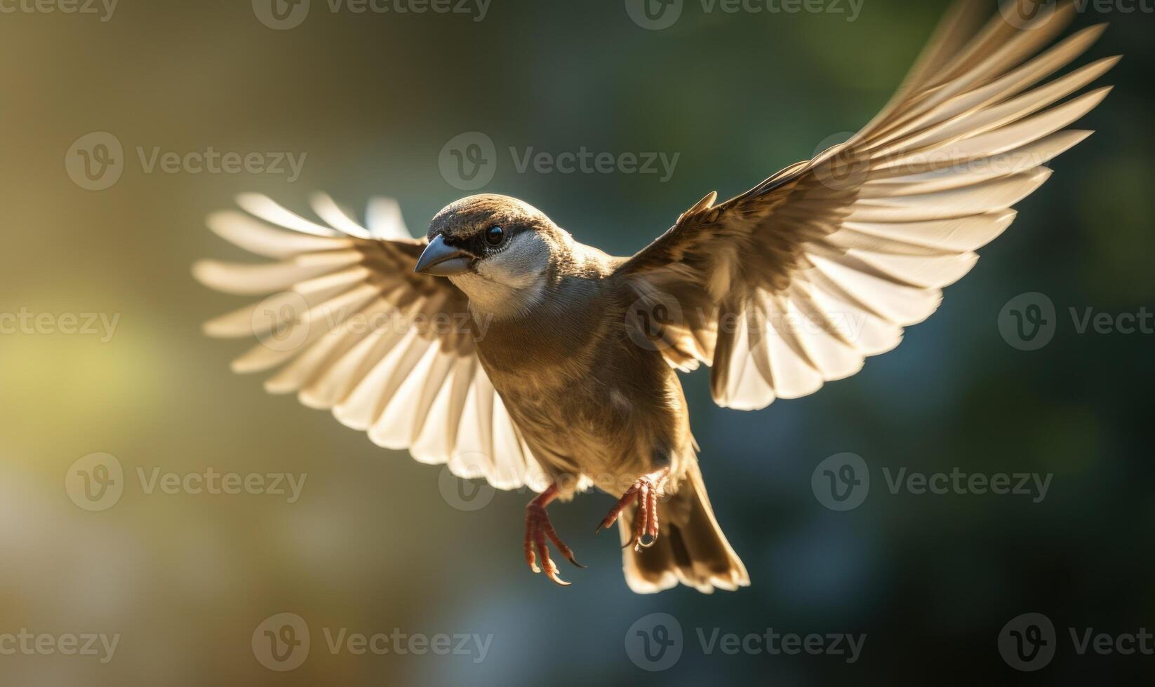 ai généré fermer portrait de une moineau dans vol sur une ensoleillé journée photo