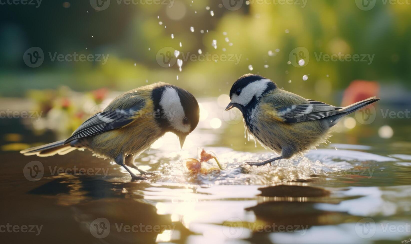 ai généré deux bleu mésange des oiseaux séance dans l'eau photo