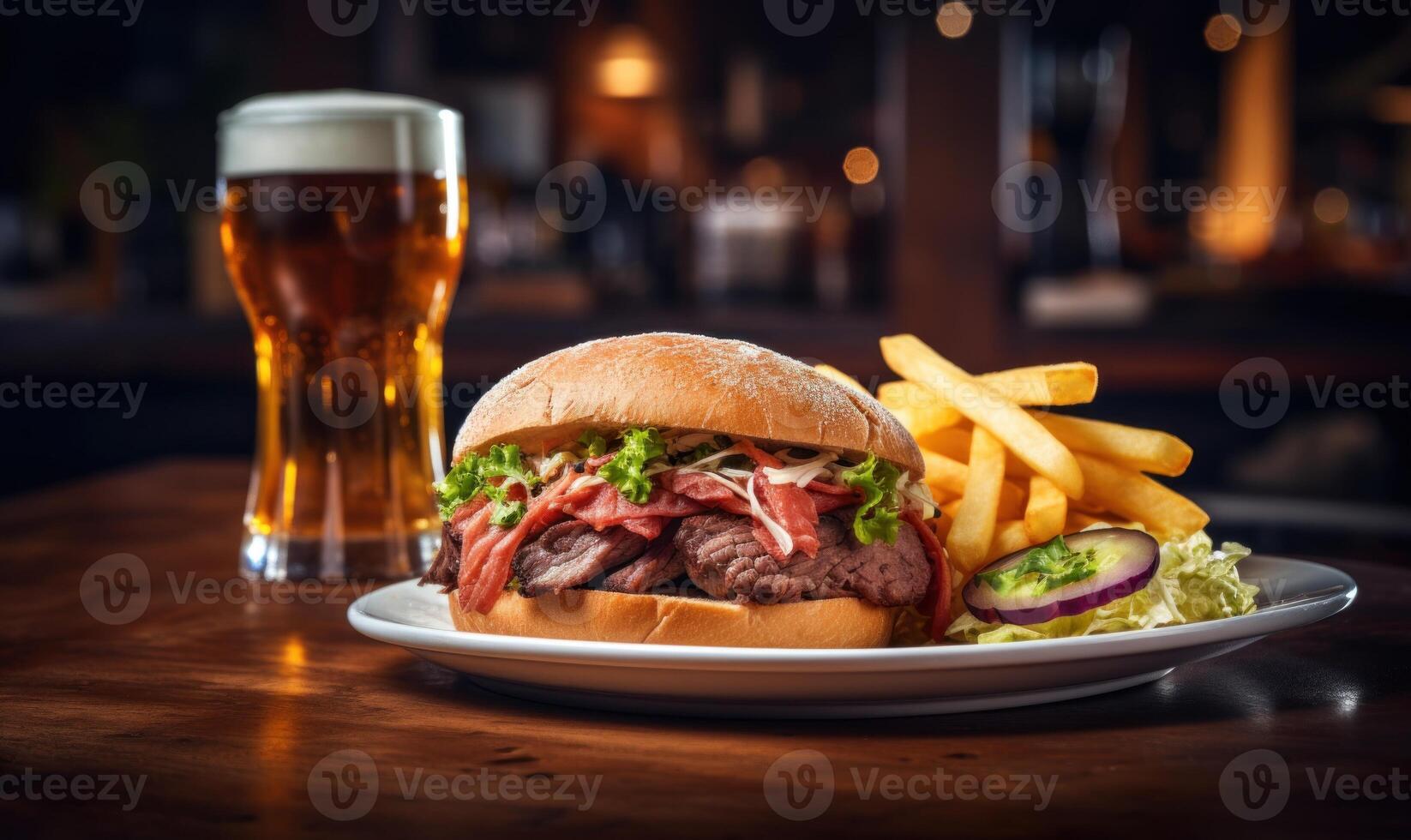 ai généré Hamburger avec une verre de Bière sur une table dans une pub photo