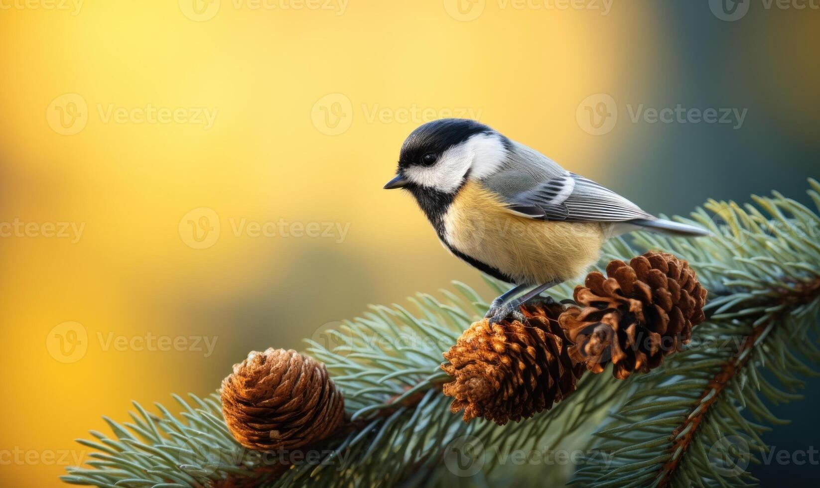 ai généré bleu mésange mésange sur une sapin branche avec cônes dans le l'automne forêt. photo