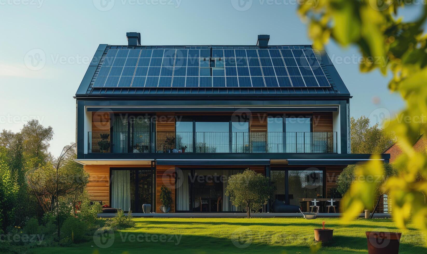 ai généré moderne maison avec solaire panneaux installée sur le toit. moderne maison avec solaire panneaux installée sur le toit. photo