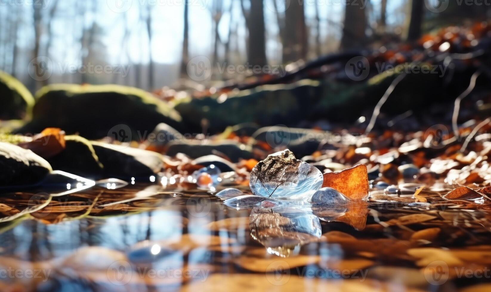 ai généré congelé l'eau dans le forêt avec la glace cubes et cailloux. de bonne heure printemps paysage photo