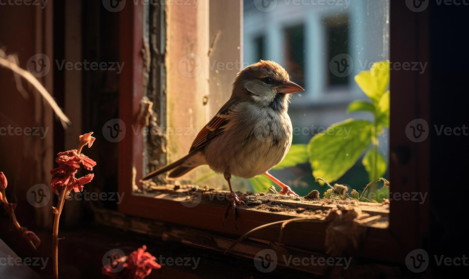 ai généré peu moineau séance sur le fenêtre seuil et à la recherche en dehors le fenêtre photo