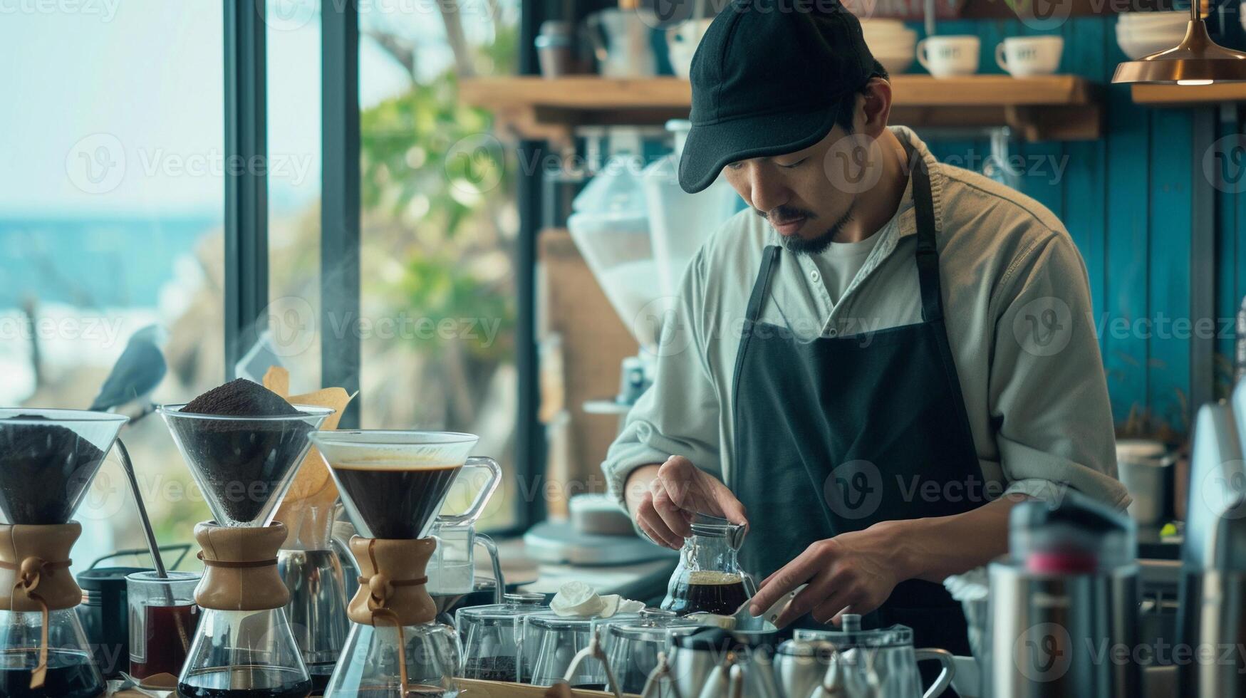 ai généré bord de mer barman, barista à travail dans une bord de mer café, Contexte image, génératif ai photo