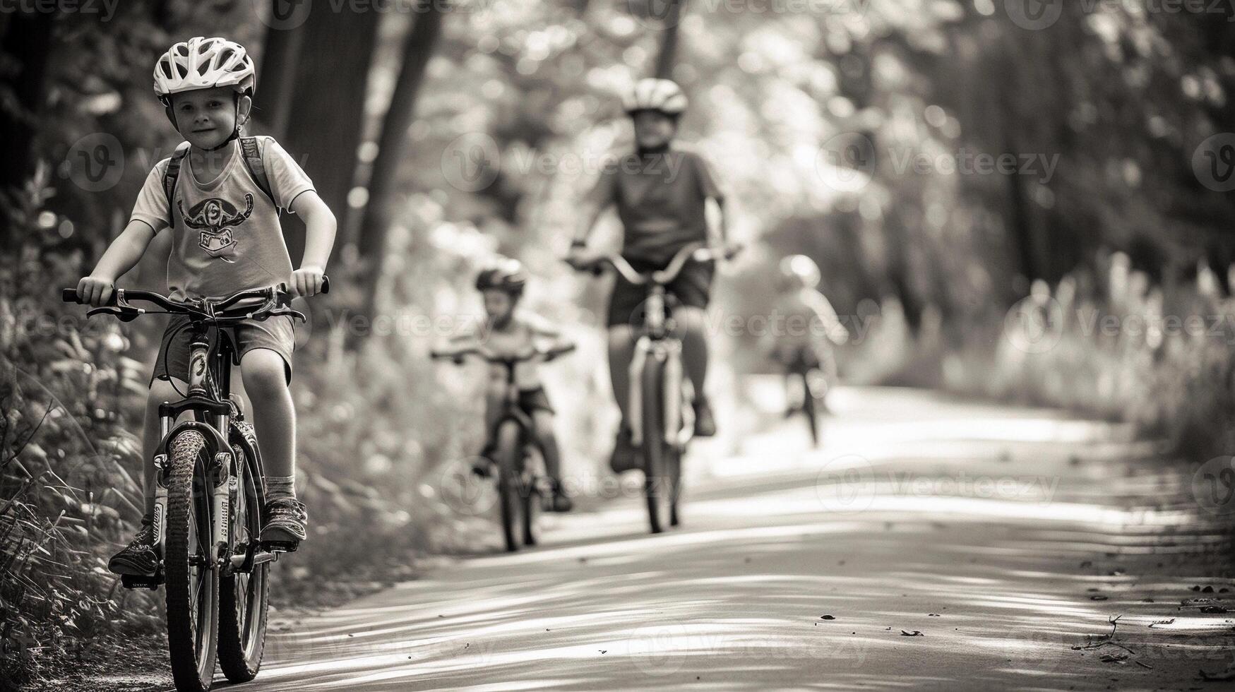 ai généré famille bicyclette conduire, famille cyclisme ensemble dans une parc, Contexte image, génératif ai photo