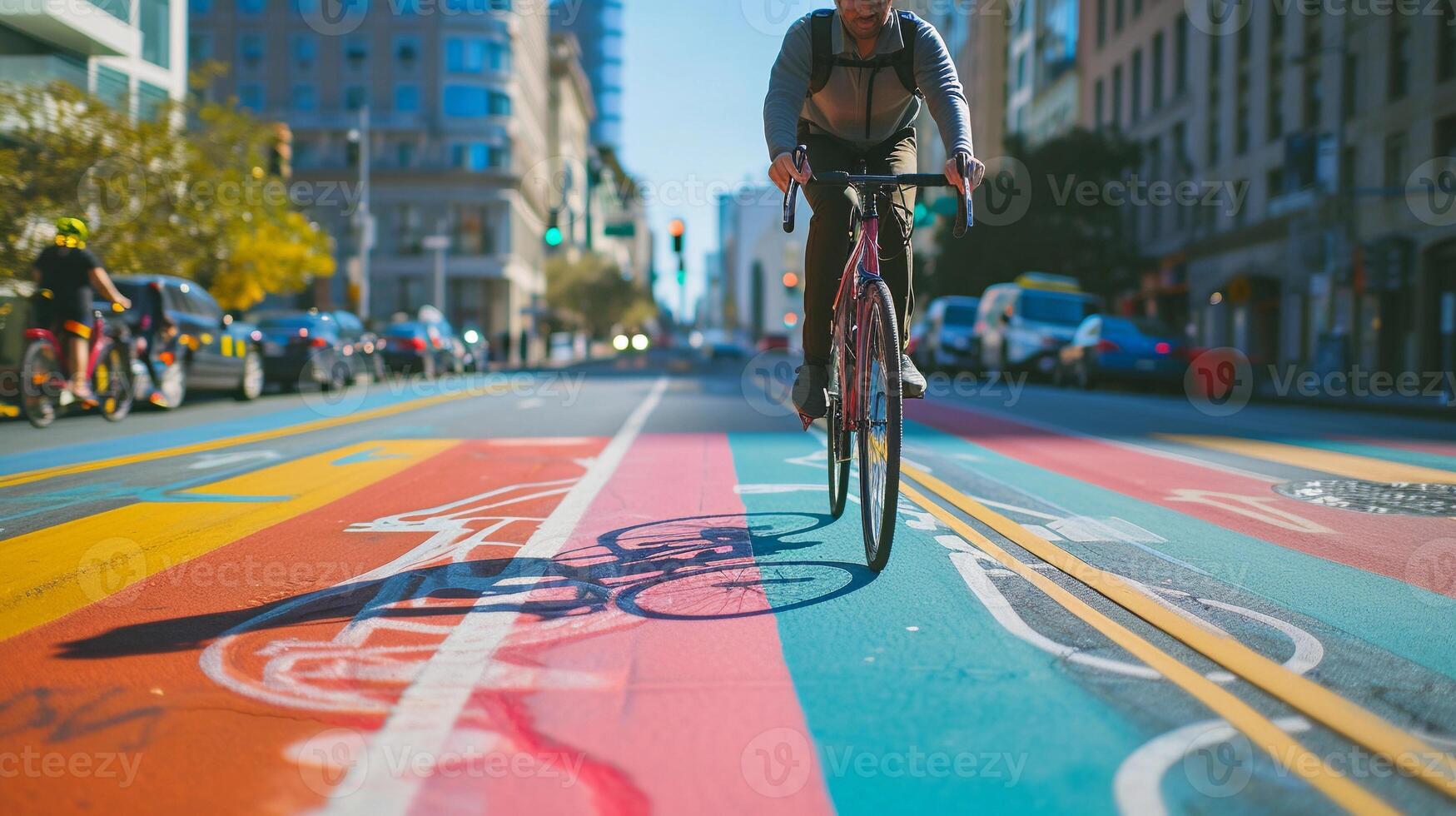 ai généré bicyclette voie aventure, cycliste équitation vers le bas une désigné bicyclette voie dans un Urbain paramètre, Contexte image, génératif ai photo