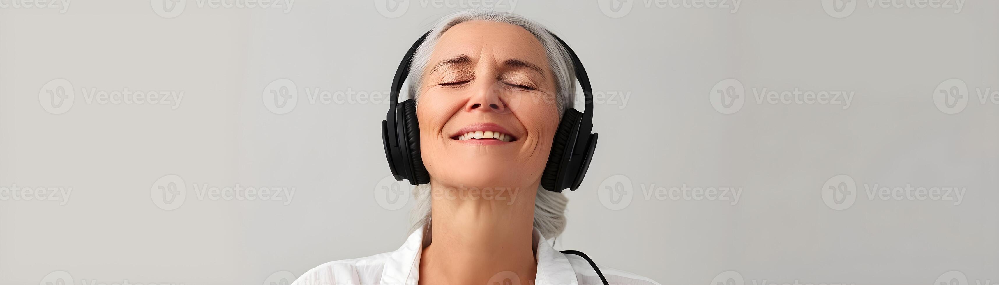 ai généré portrait de une blanc âge moyen femelle souriant et fermeture sa yeux tandis que portant sans fil écouteurs contre blanc arrière-plan, génératif ai photo