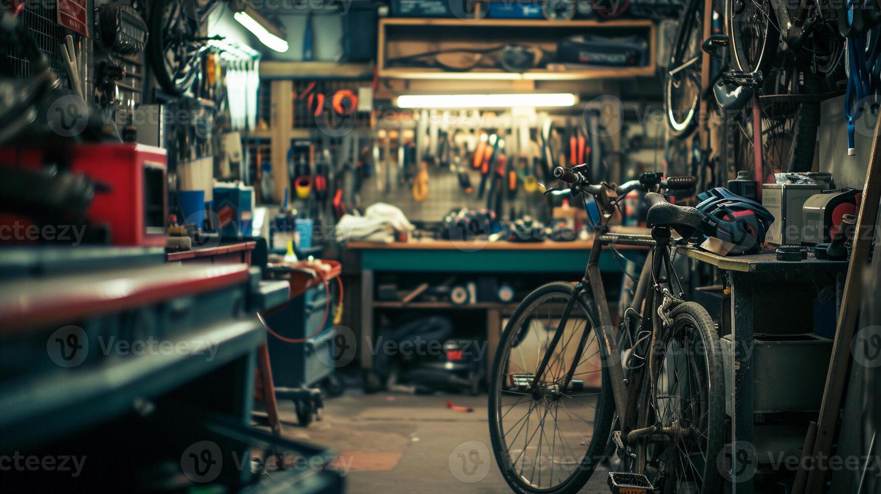 ai généré bicyclette réparation atelier, Contexte image, génératif ai photo