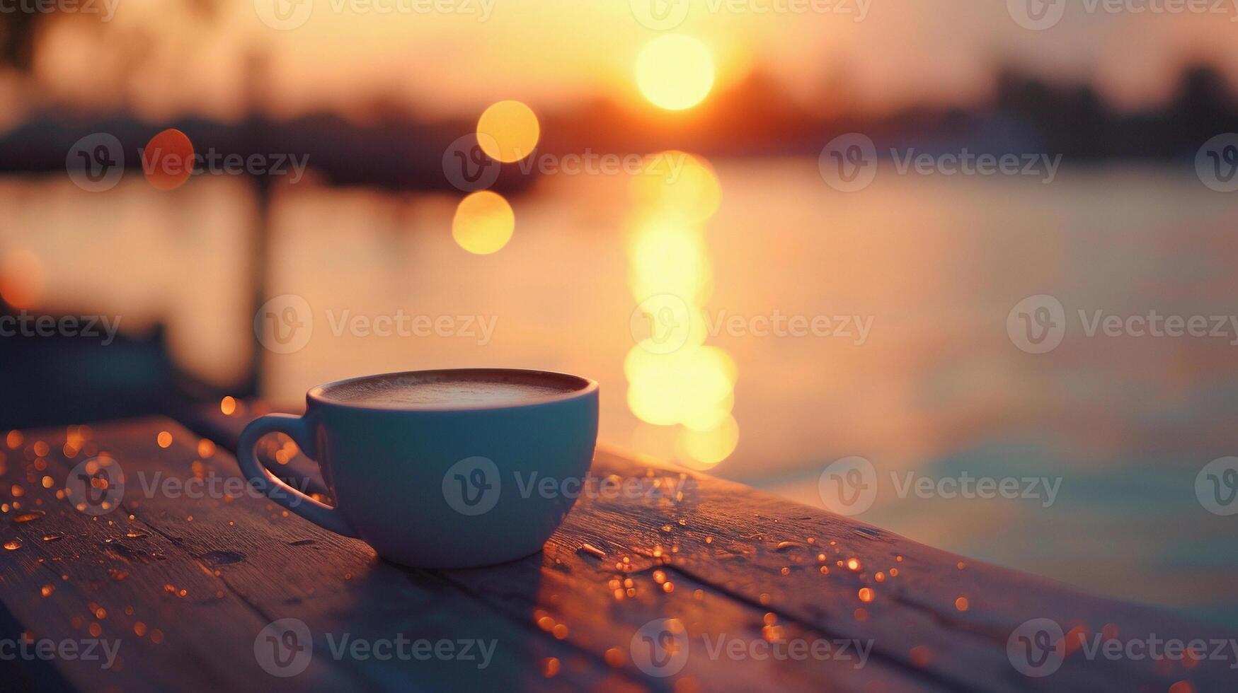 ai généré bord de mer café scène pendant coucher de soleil, Contexte image, génératif ai photo