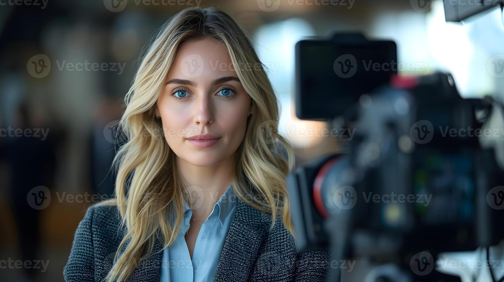 ai généré portrait de une blond blanc femelle nouvelles journaliste dans action, Contexte image, ai généré photo