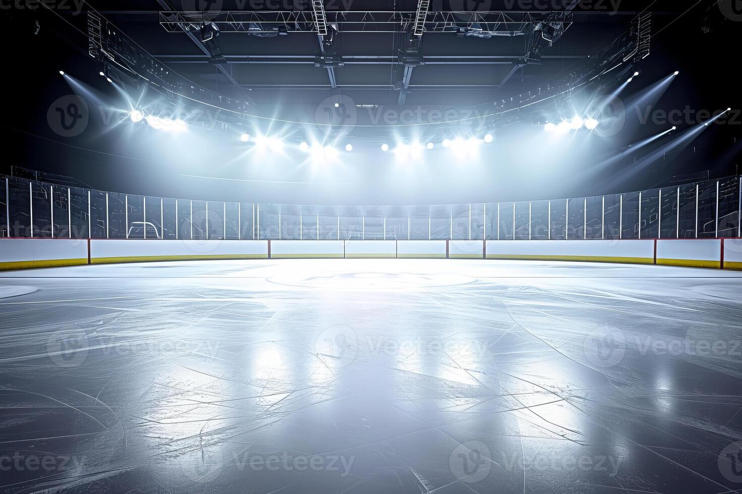 ai généré neige et la glace Contexte stade vide la glace patinoire illuminé par projecteurs photo