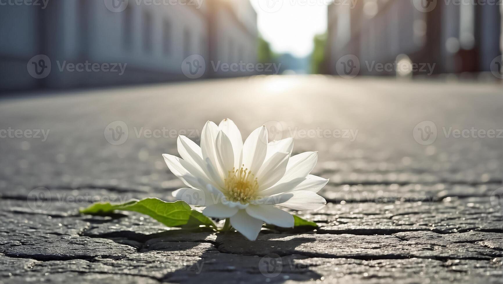 ai généré magnifique solitaire fleur grandit de asphalte photo