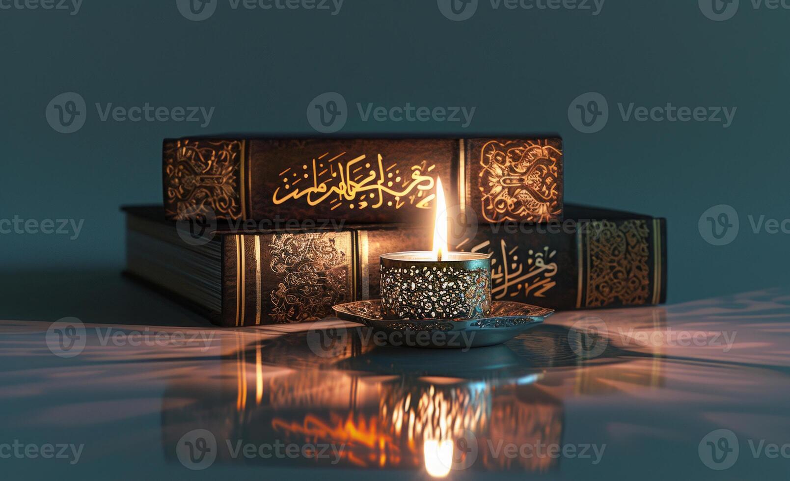 ai généré Ramadan kareem avec saint coran et lanterne allumé photo