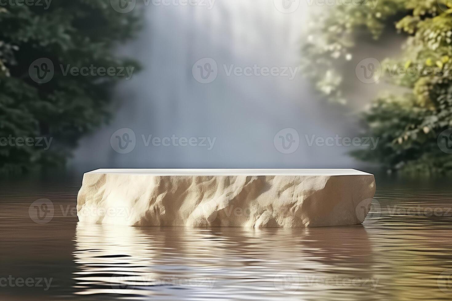 ai généré 3d rendu produit afficher podium au milieu de une tranquille forêt et en cascade cascade toile de fond photo