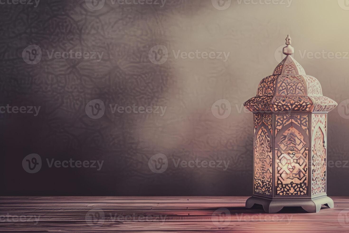 ai généré une lanterne est mis sur une en bois table avec une magnifique Contexte pour le musulman le banquet de le saint mois de Ramadan kareem avec lumière à venir de le droite. photo