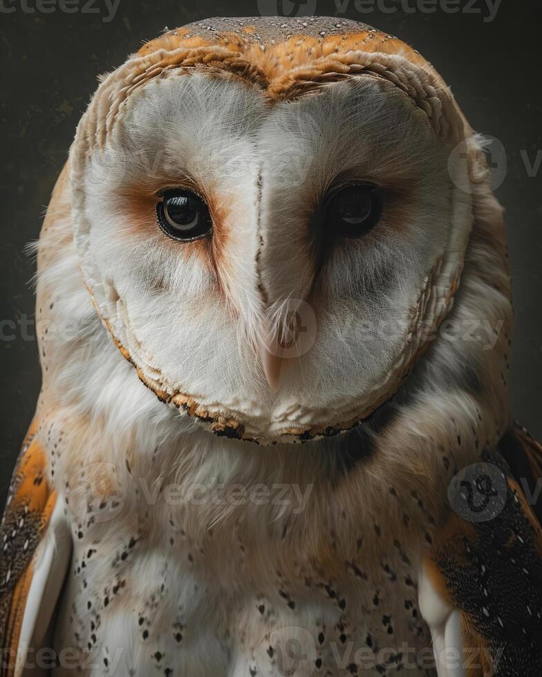 ai généré étourdissant fermer portrait de Grange hibou sur une noir Contexte dans de mauvaise humeur éclairage photo