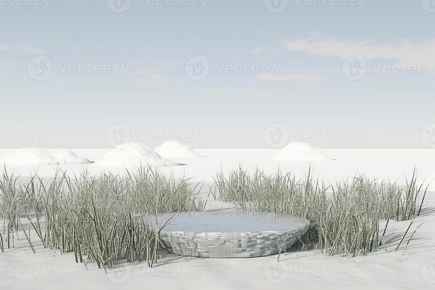 ai généré 3d rendu rond podium ensemble contre une neigeux Prairie ligne d'horizon, parfait pour produit afficher, maquettes, et vitrine présentations photo