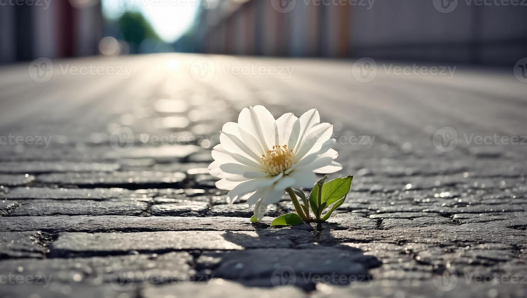 ai généré magnifique solitaire fleur grandit de asphalte photo