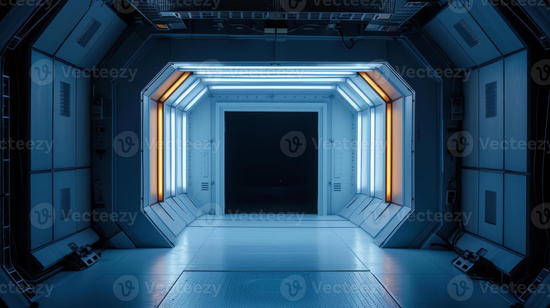 ai généré réaliste illustration de une bleu et Orange science-fiction couloir intérieur photo