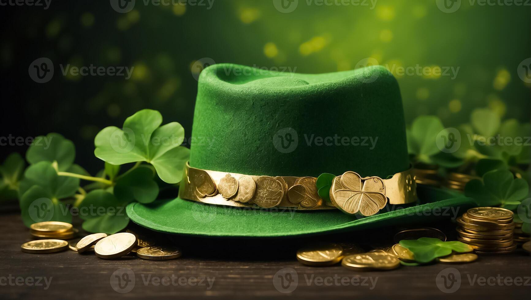 ai généré vert patrick's bol, pièces de monnaie, trèfle feuilles photo
