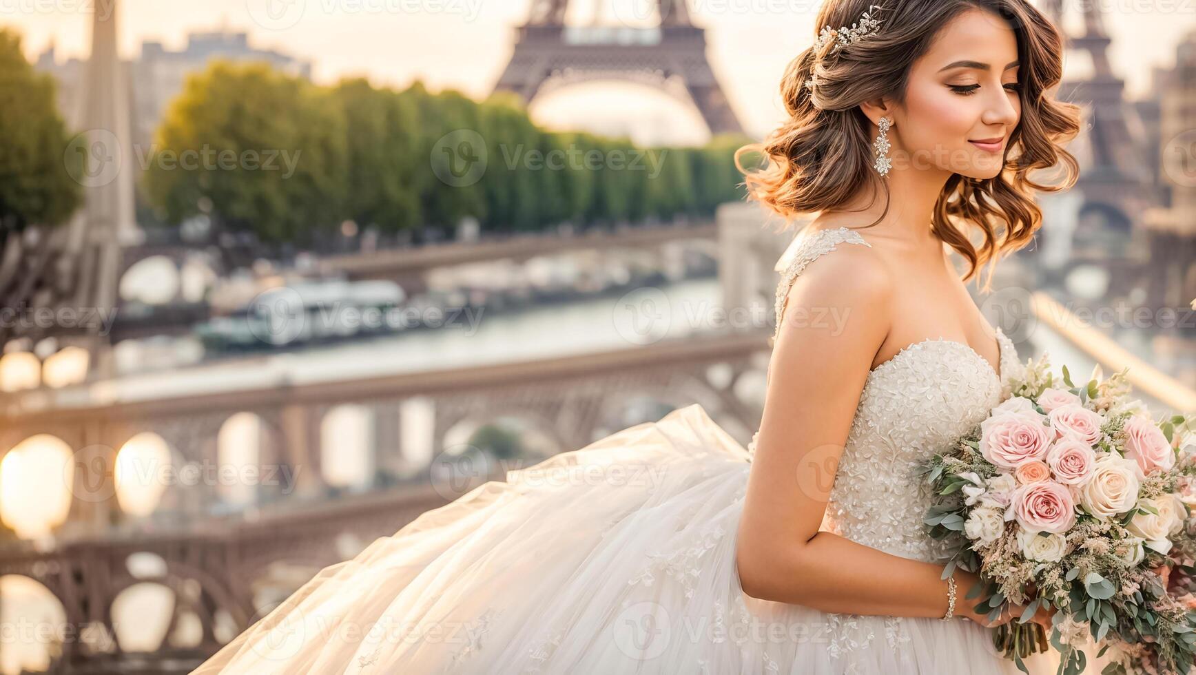 ai généré magnifique la mariée dans une blanc robe contre le toile de fond de le Eiffel la tour photo