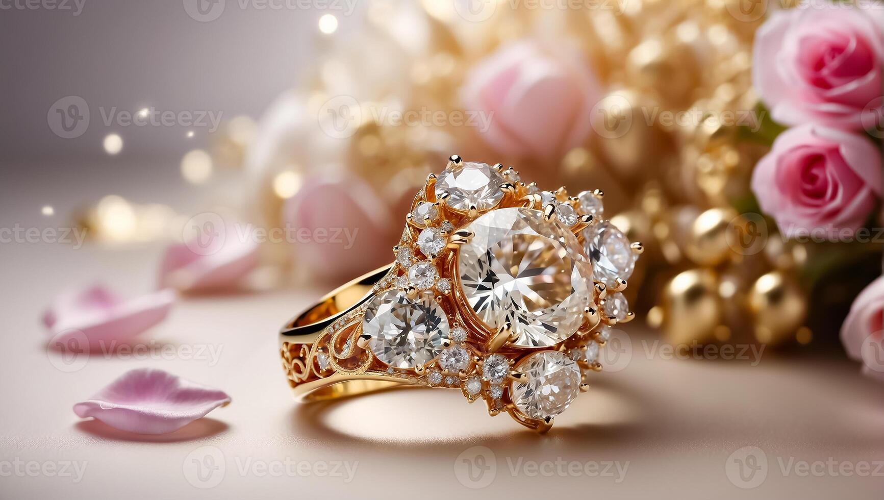 ai généré magnifique or bague avec diamant, fleurs photo