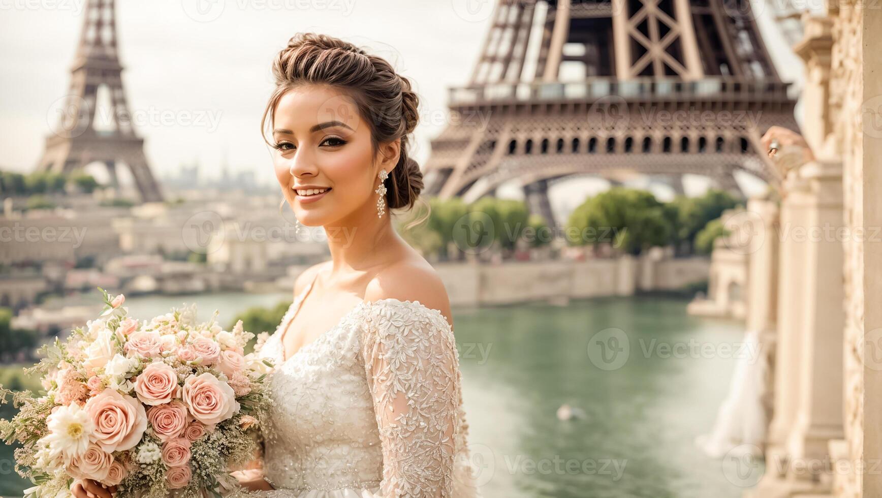 ai généré magnifique la mariée dans une blanc robe contre le toile de fond de le Eiffel la tour photo